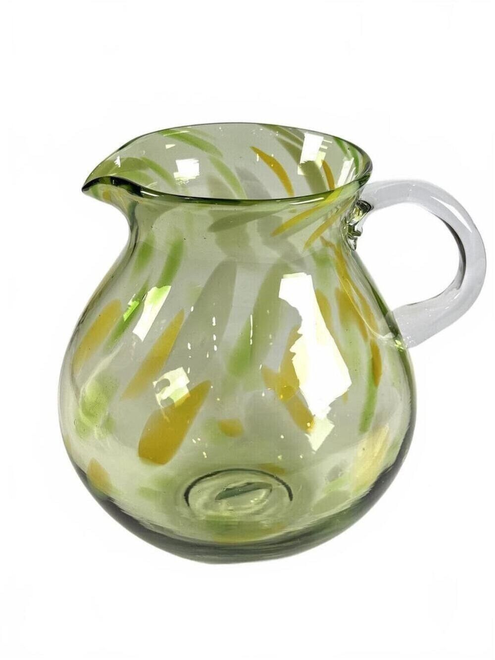 Vintage Hand Blown Green Art Glass Pitcher Jug Yellow Green Confetti Inclusions